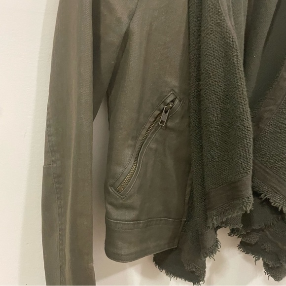Free People Olive Green Drape Knit Coated Denim Moto Boho Fall Jacket Size 2 - Picture 6 of 9